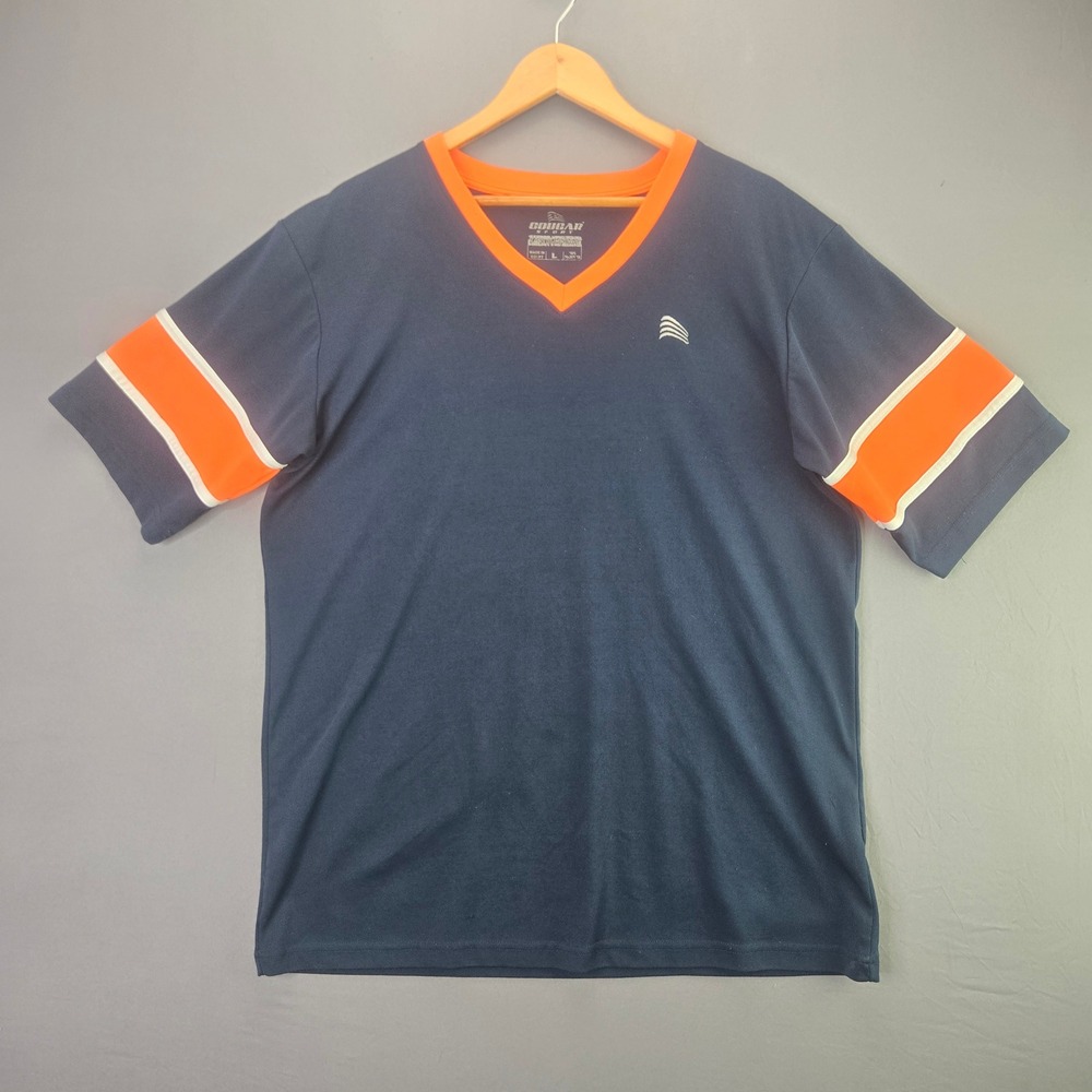 Cougar Sport T-Shirt Dryformance Active V-Neck L Navy Orange Striped Gym Top